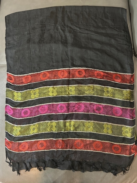 Vintage Accessories - Black Scarf with Multicolor Embroidered Stripes 62”x24”